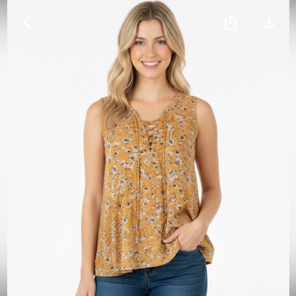 ENTRO size large mustard floral boho babydoll top